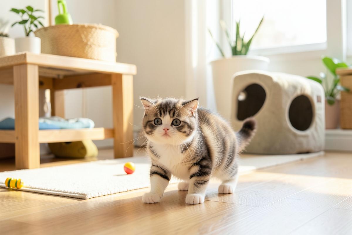Gato Munchkin jugando en un apartamento adaptado
