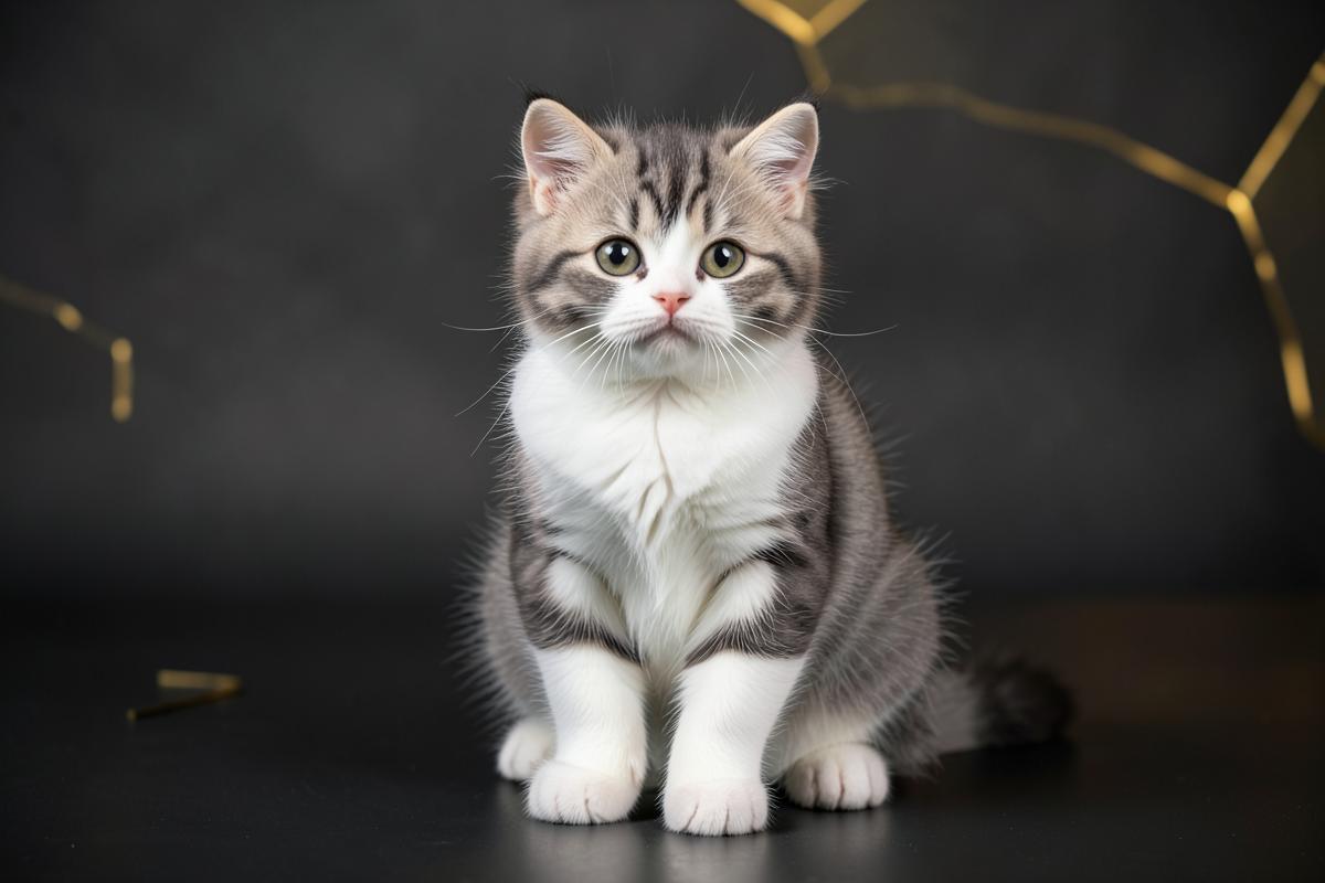 Gato Munchkin gris y blanco en un retrato elegante
